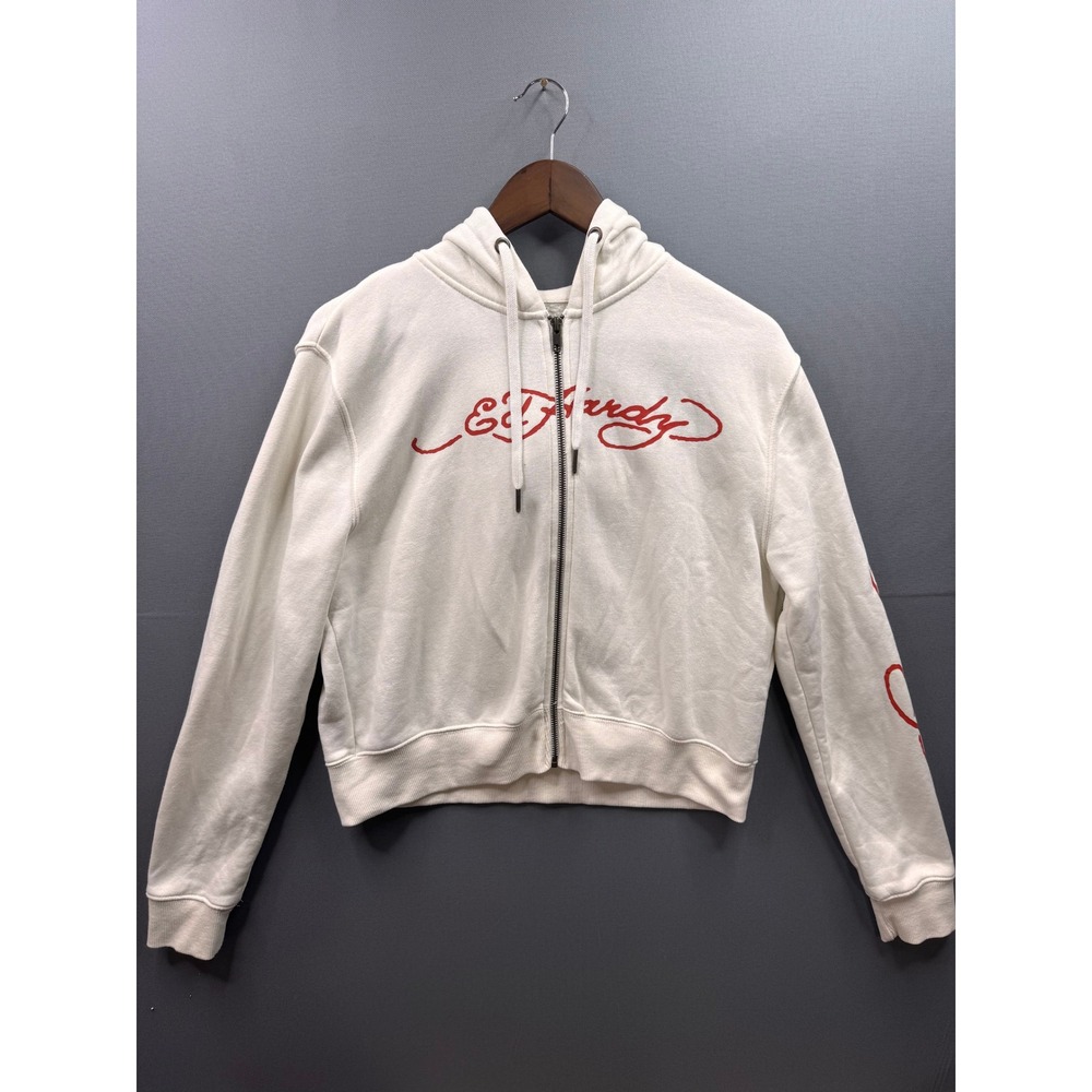 Ed Hardy Hoodie Womens White Love Kills Slowly Skull Zip Up Cropped‎ M